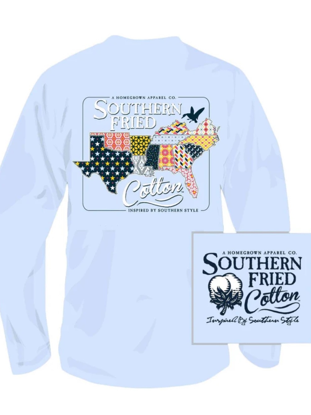 Southern Fried Cotton Light Blue Patchwork State Graphic Long Sleeve T-Shirt NWT